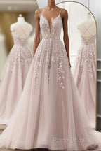 Pink Tulle With Lace Applique Low Back Formal Prom Dresses, Pink A-Line Tulle Party Dresses