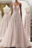 Pink Tulle With Lace Applique Low Back Formal Prom Dresses, Pink A-Line Tulle Party Dresses