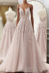 Pink Tulle With Lace Applique Low Back Formal Prom Dresses, Pink A-Line Tulle Party Dresses