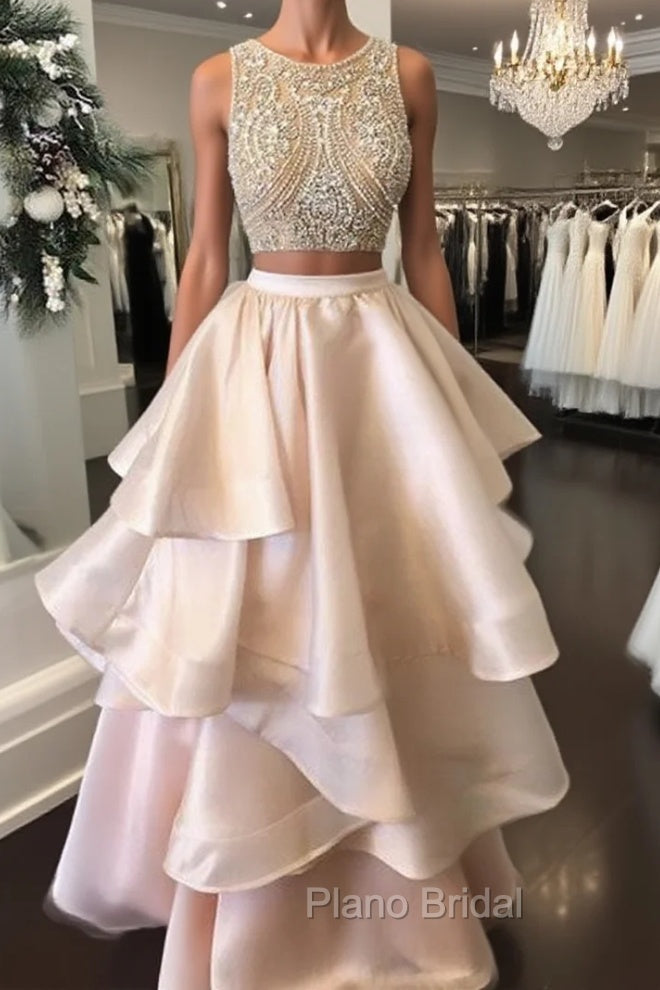 Pink Two Pieces Beaded Long Formal Prom Dresses, Pink Evening Dresses