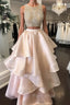 Pink Two Pieces Beaded Long Formal Prom Dresses, Pink Evening Dresses