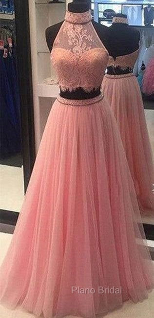 Pink Two Pieces Lace Tulle Long Formal Prom Dresses, Pink Evening Dresses Secondary image