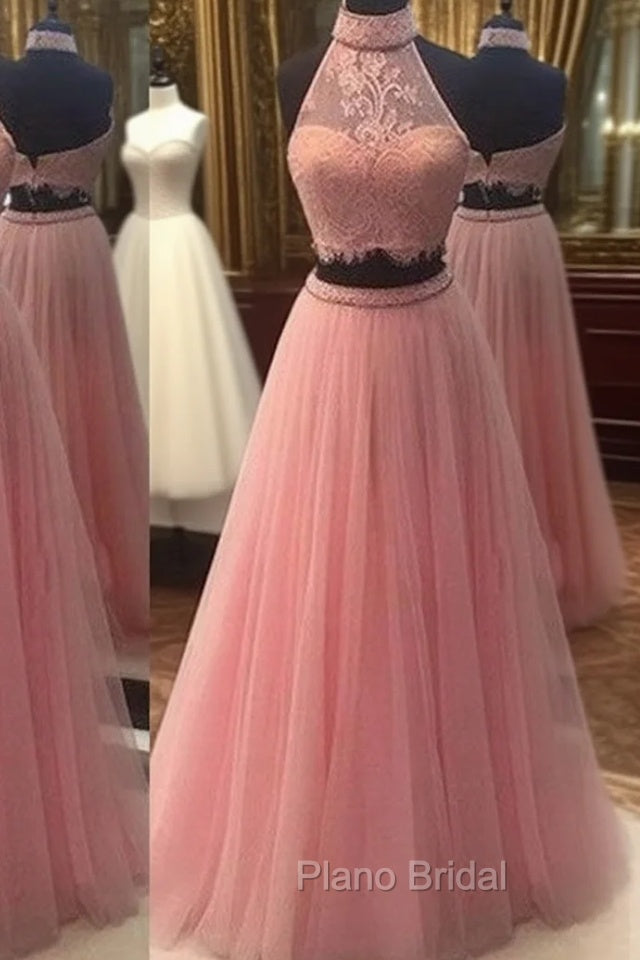Pink Two Pieces Lace Tulle Long Formal Prom Dresses, Pink Evening Dresses Main image