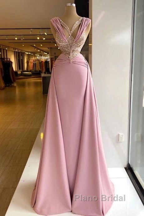 Pink V-Neck Fitted Satin Lace Long Formal Prom Dresses Secondary image