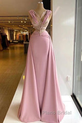 Pink V-Neck Fitted Satin Lace Long Formal Prom Dresses