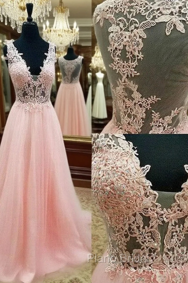 Pink V Neck Lace Long Formal Prom Dresses, Pink Evening Dresses Main image