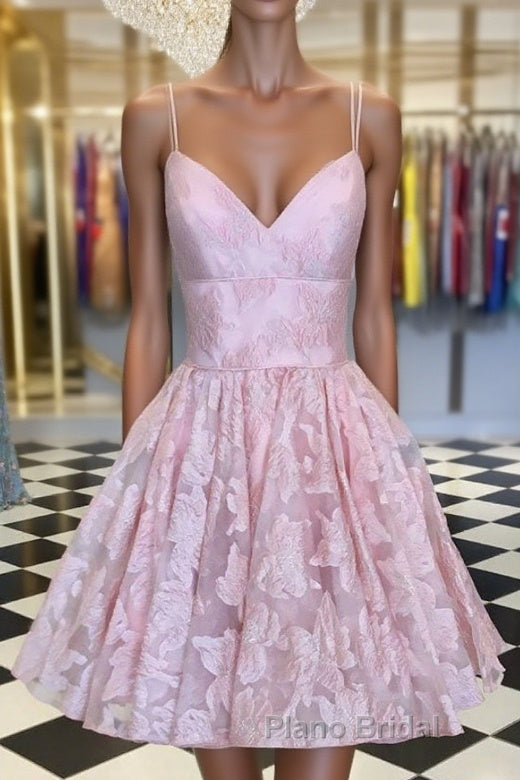 Pink v neck lace short Formal Prom dress, pink lace homecoming dress Main image