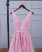 Pink V Neck Lace Tulle Long Prom Dress, Lace Evening Dresses