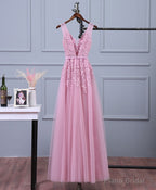 Pink V Neck Lace Tulle Long Prom Dress, Lace Evening Dresses