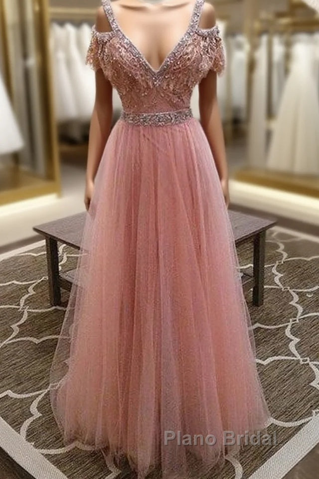 Pink V Neck Lace Tulle Long Formal Prom Dresses, Pink Evening Dresses Main image