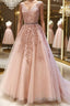 Pink V Neck Long Lace Formal Prom Dresses, Pink V Neck Long Lace Formal Evening Dresses