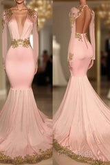 Pink V Neck Long Sleeves Mermaid Formal Prom Dresses Affordable Formal Dresses