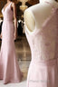 Pink v neck satin lace long Formal Prom dress, lace bridesmaid dress