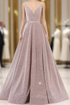 Pink V Neck Sequin A Line Formal Prom Dresses With Slit
