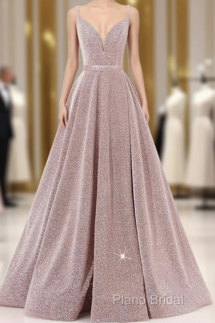 Pink V Neck Sequin A Line Formal Prom Dresses With Slit
