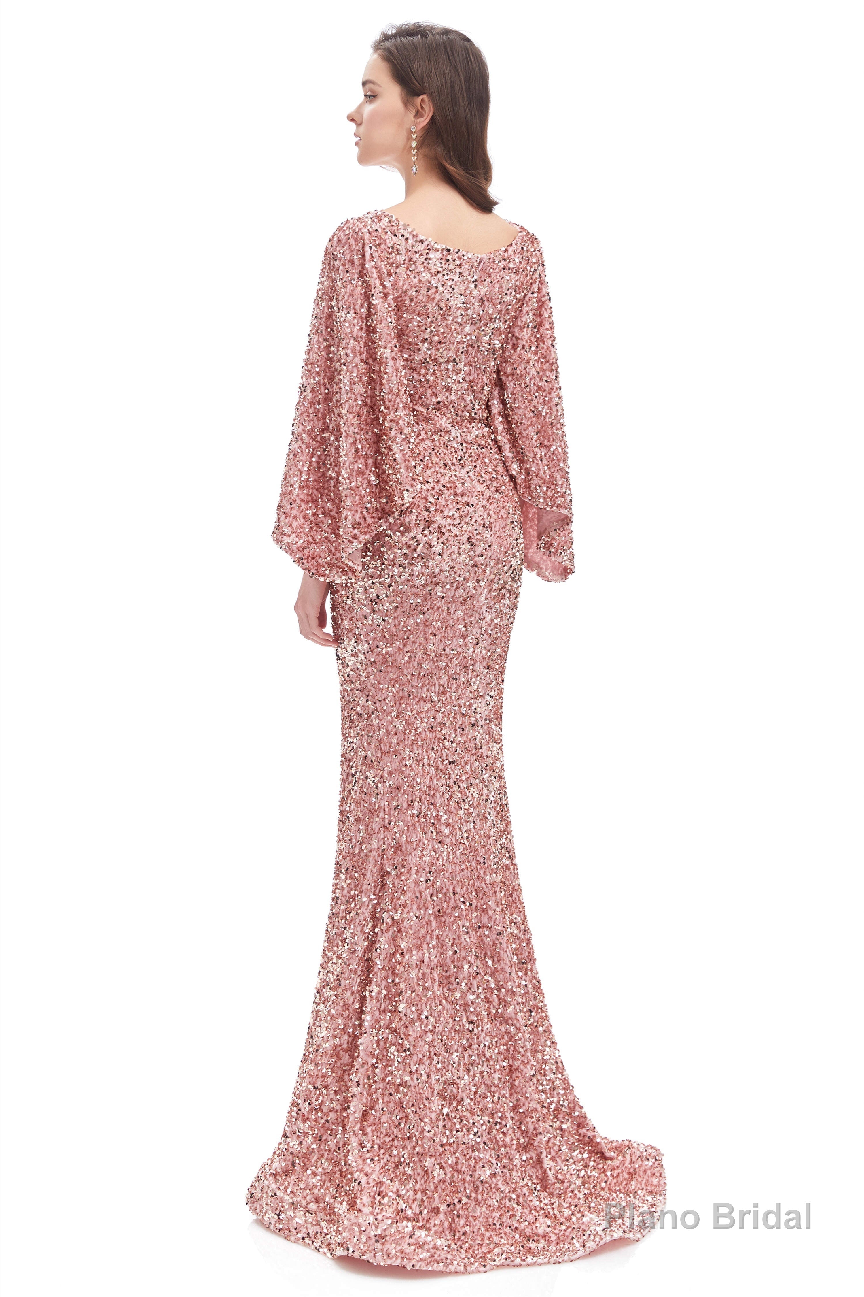 V-Neck Sequins Mermaid Prom Dresses with Sleeves