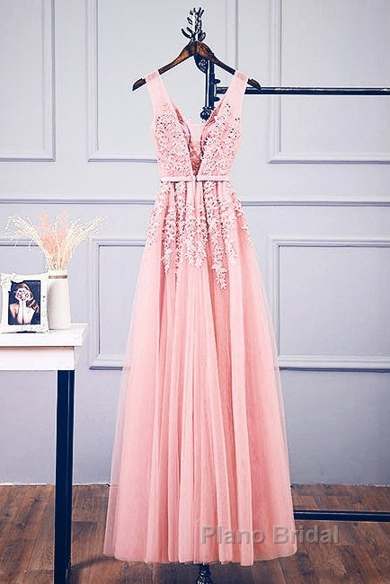Pink V Neck Tulle Lace Applique Long Formal Prom Dresses, Pink Bridesmaid Dresses Secondary image