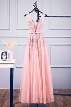 Pink V Neck Tulle Lace Applique Long Formal Prom Dresses, Pink Bridesmaid Dresses