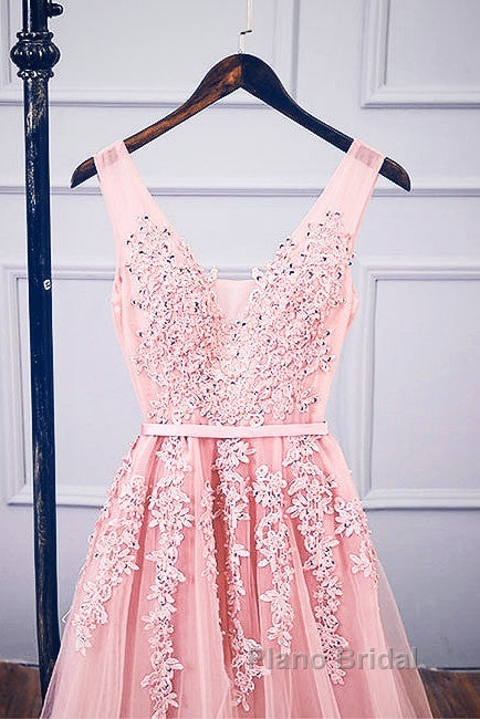 Pink V Neck Tulle Lace Applique Long Formal Prom Dresses, Pink Bridesmaid Dresses