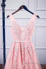 Pink V Neck Tulle Lace Applique Long Formal Prom Dresses, Pink Bridesmaid Dresses