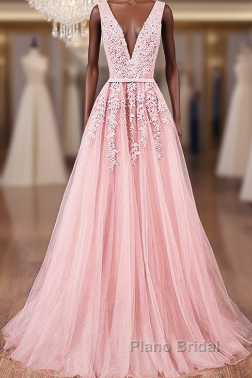 Pink V Neck Tulle Lace Applique Long Formal Prom Dresses, Pink Bridesmaid Dresses