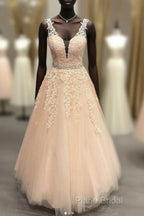 Pink V Neck Tulle Lace Long Formal Prom Dresses Pink Formal Dresses
