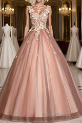 Pink v neck tulle lace long Formal Prom dress pink tulle formal dress