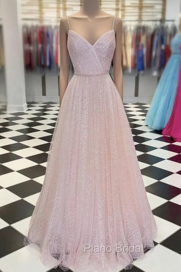 Pink V Neck Tulle Sequin Long Formal Prom Dresses Pink Tulle Formal Dresses