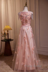Pink V-Neckline Tulle Beaded With Lace Applique Formal Prom Dresses, Pink Party Dresses