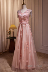 Pink V-Neckline Tulle Beaded With Lace Applique Formal Prom Dresses, Pink Party Dresses