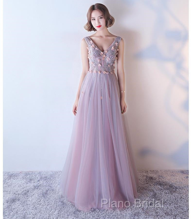 Pink V-Neckline Tulle With Flowers Beaded Long Party Dresses, Junior Formal Prom Dresses Secondary image