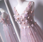 Pink V-Neckline Tulle With Flowers Beaded Long Party Dresses, Junior Formal Prom Dresses