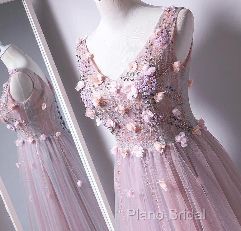 Pink V-Neckline Tulle With Flowers Beaded Long Party Dresses, Junior Formal Prom Dresses