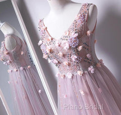 Pink V-Neckline Tulle With Flowers Beaded Long Party Dresses, Junior Formal Prom Dresses