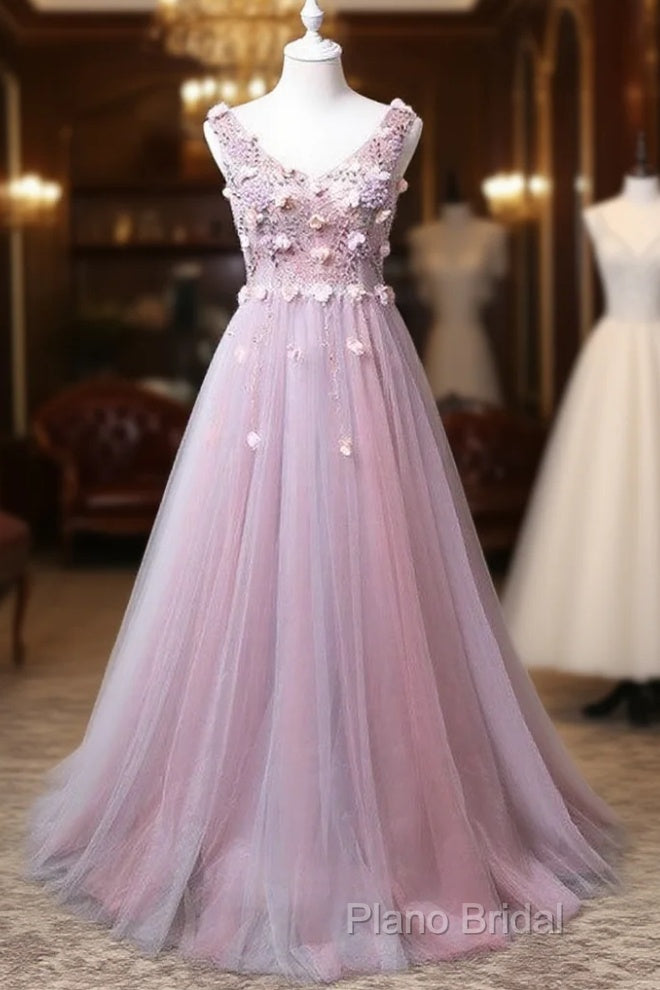 Pink V-Neckline Tulle With Flowers Beaded Long Party Dresses, Junior Formal Prom Dresses Main image