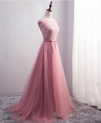 Pink Tulle Long A Line Formal Prom Dresses, Pink Evening Dresses