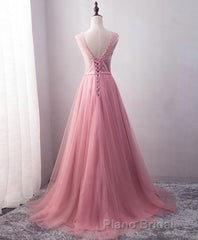 Pink Tulle Long A Line Formal Prom Dresses, Pink Evening Dresses