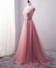 Pink Tulle Long A Line Formal Prom Dresses, Pink Evening Dresses