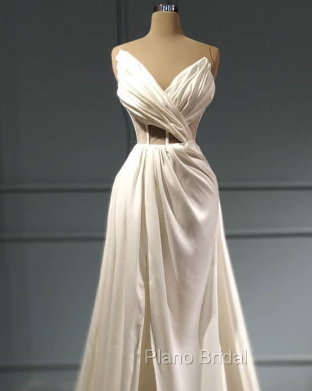 Pleated V Neck High Slit Satin Wedding Dresses