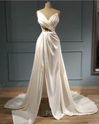 Pleated V Neck High Slit Satin Wedding Dresses