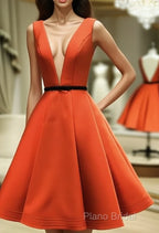 Plunging Neck Black Sashes Satin Knee Length Dresses