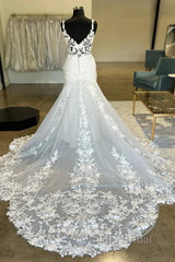 Plunging V Neck Appliques Trumpet Sweeping Wedding Dresses