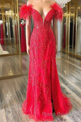 Plunging V-Neck Red Feather Shoulder Long Formal Prom Dresses Gala Evening Gown