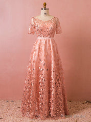 Plus Size Pink Tulle Sequins Short Sleeve Backless Prom Dress