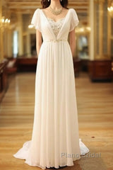 Popular Vintage Wedding Dresses Bohemia Short Sleeves Beads Peals Chiffon Bridal Dress