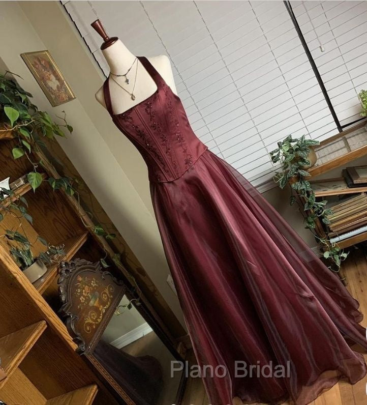 Pretty A Line Halter Burgundy Sleeveless Evening Dresses Organza Long Formal Prom Dresses
