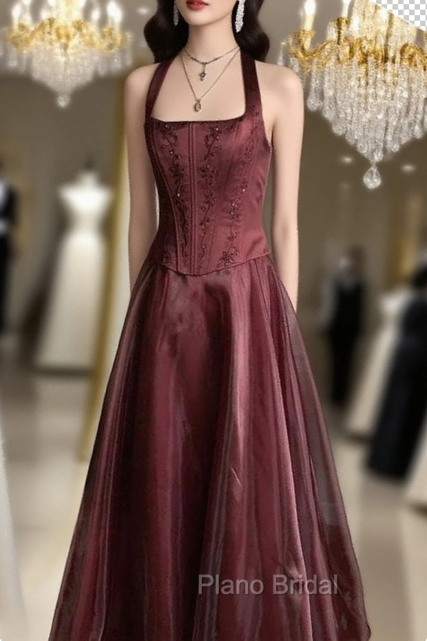 Pretty A Line Halter Burgundy Sleeveless Evening Dresses Organza Long Formal Prom Dresses Main image