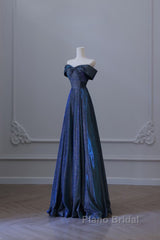 Pretty A Line Off The Shoulder Blue Sequin Long Formal Prom Dresses Evening Gowns