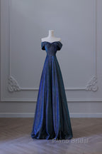 Pretty A Line Off The Shoulder Blue Sequin Long Formal Prom Dresses Evening Gowns