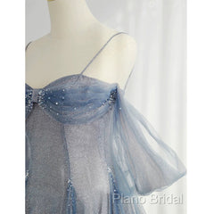 Pretty A Line Off The Shoulder Blue Sequin Tulle Long Length Formal Dresses Formal Prom Dresses
